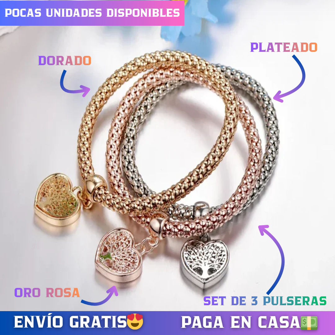 💎ELEGANTE SET DE PULSERA CON CORAZÓN (ORO ROSA, DORADO y PLATEADO)🛍️